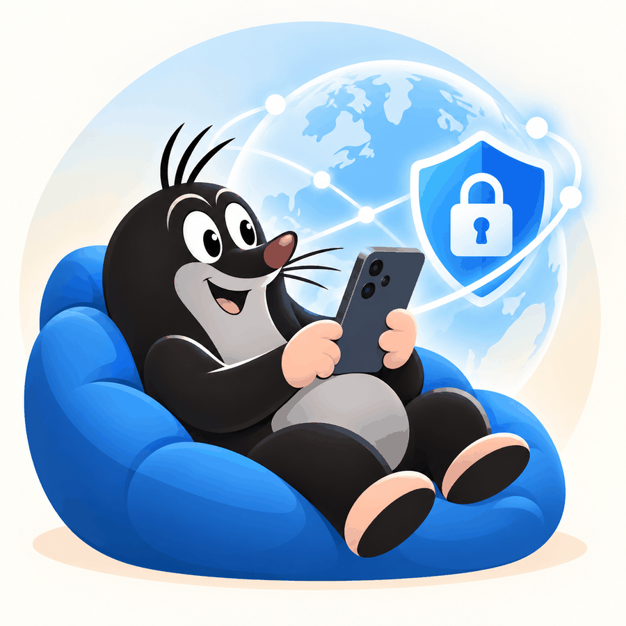 Крот удобно устроился на диване со смартфоном — подключение защищено VPN